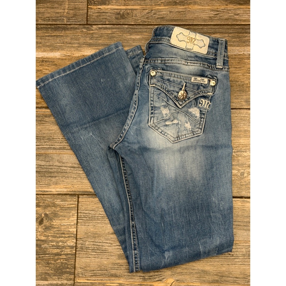Miss Me Signature Bootcut Jeans Medium Wash Bling Flap Size 26x28 Short Y2K - Picture 12 of 12